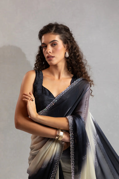 Black-Ivory Satin Silk Jarkan Hand Work Saree
