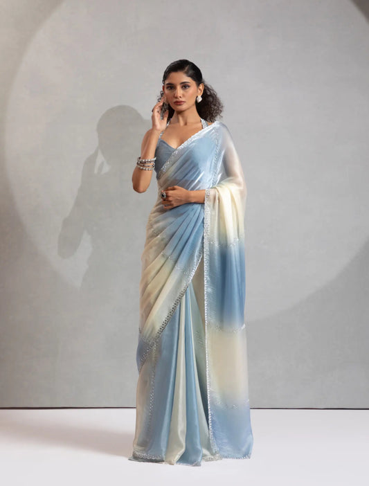 Bluish Grey-Ivory Satin Silk Jarkan Hand Work Saree