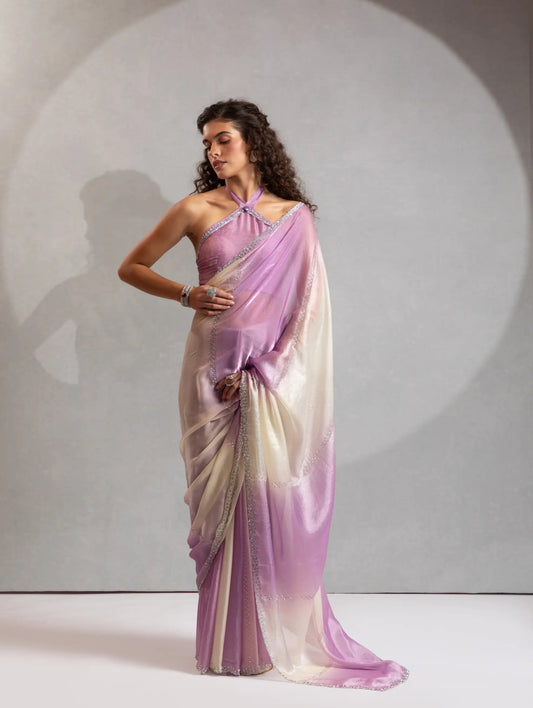 Dusty Purple-Ivory Satin Silk Jarkan Hand Work Saree