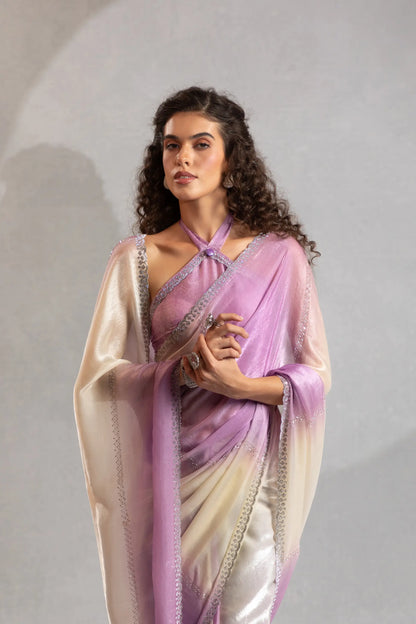 Dusty Purple-Ivory Satin Silk Jarkan Hand Work Saree
