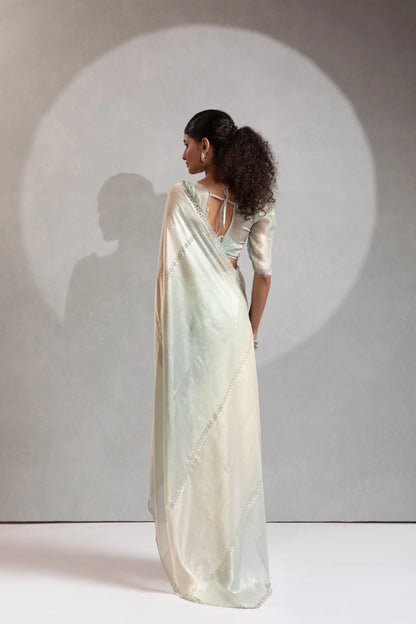Greyish Green-Ivory Satin Silk Jarkan Hand Work Saree