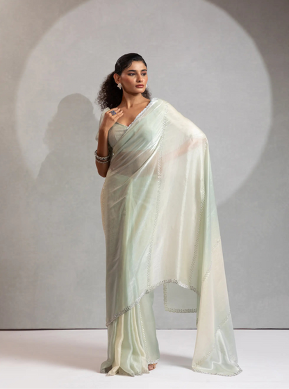 Greyish Green-Ivory Satin Silk Jarkan Hand Work Saree
