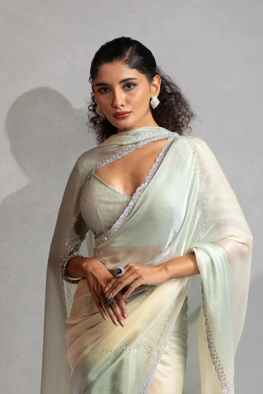 Greyish Green-Ivory Satin Silk Jarkan Hand Work Saree