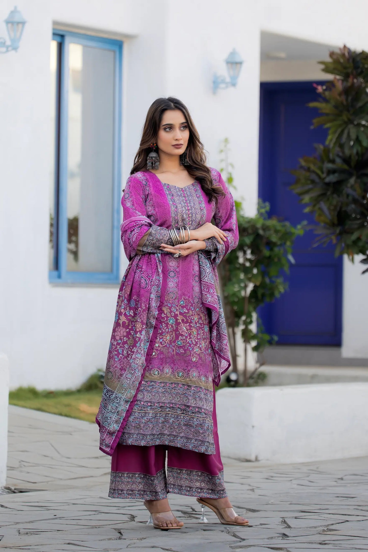 Purple Chinon Handwork & Printed Salwar Suit