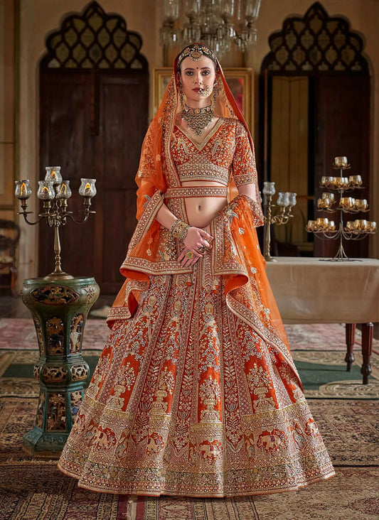 Bridal Orange Lehenga With Pearls & Heavy Embroidery