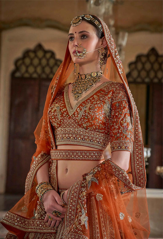 Bridal Orange Lehenga With Pearls & Heavy Embroidery