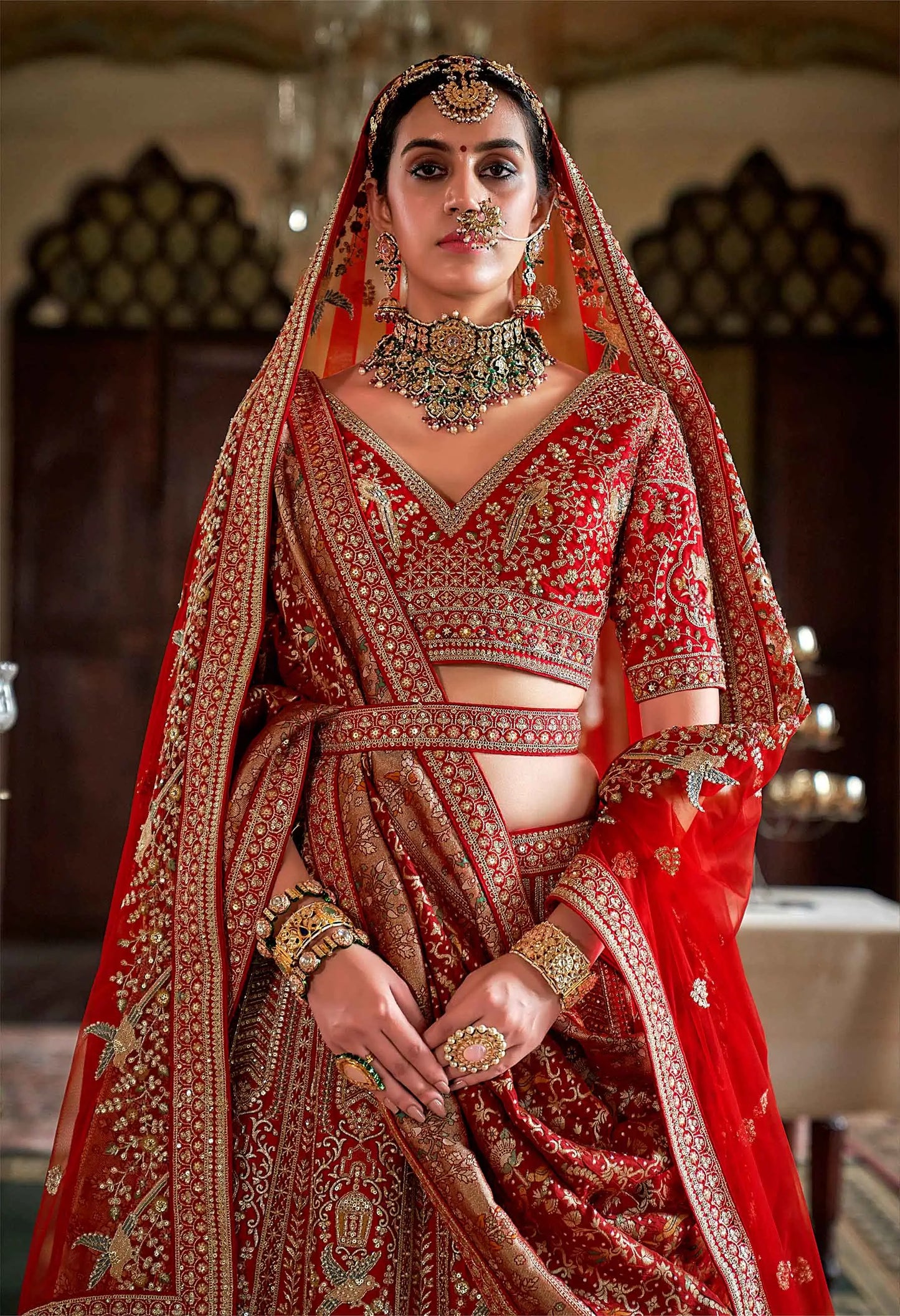 Bridal Red Lehenga With Heavy Embroidery & Pearls