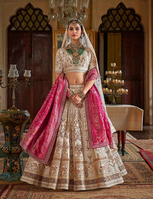Bridal Beige Lehenga With Heavy Embroidery & Pearls