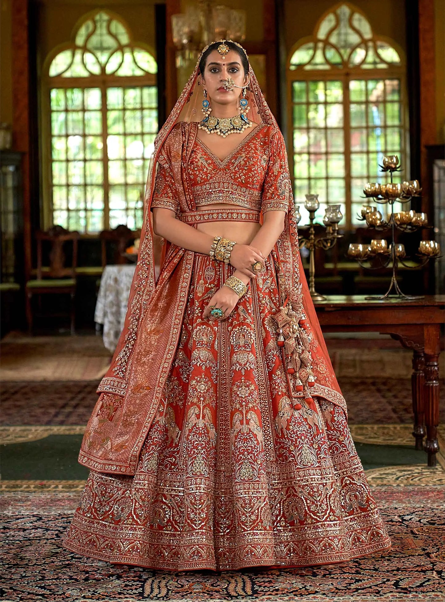 Orange Embroidery & Pearls Motifs Bridal Lehenga