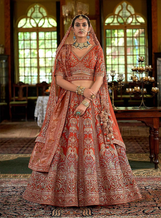Orange Embroidery & Pearls Motifs Bridal Lehenga