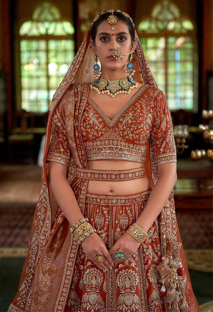 Orange Embroidery & Pearls Motifs Bridal Lehenga