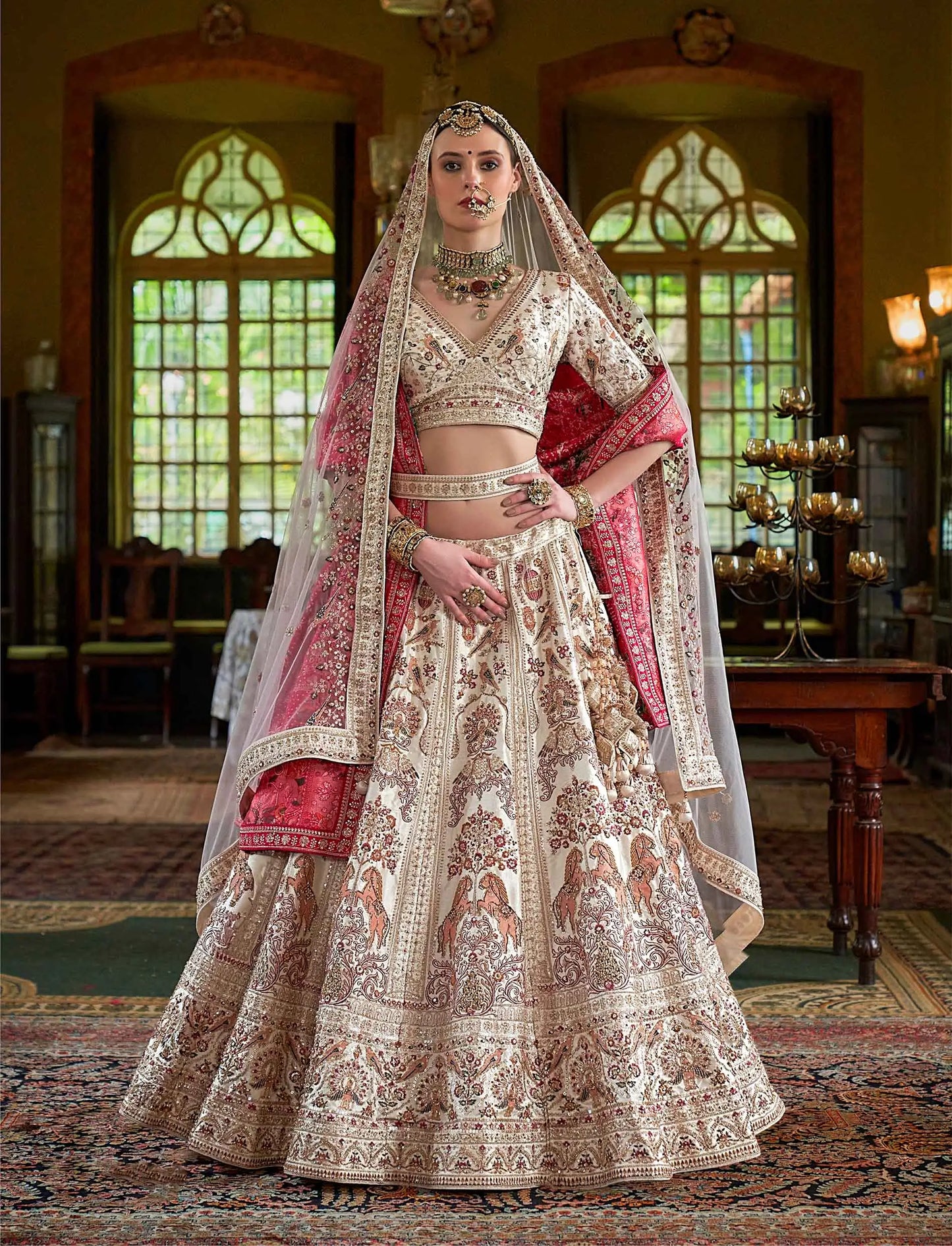 Beige Bridal Lehenga Featuring Rich Embroidery & Pearl