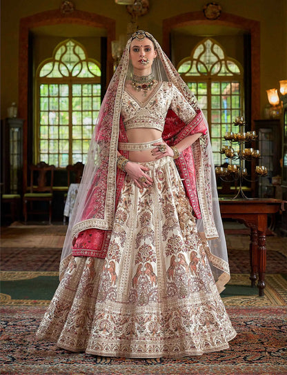 Beige Bridal Lehenga Featuring Rich Embroidery & Pearl
