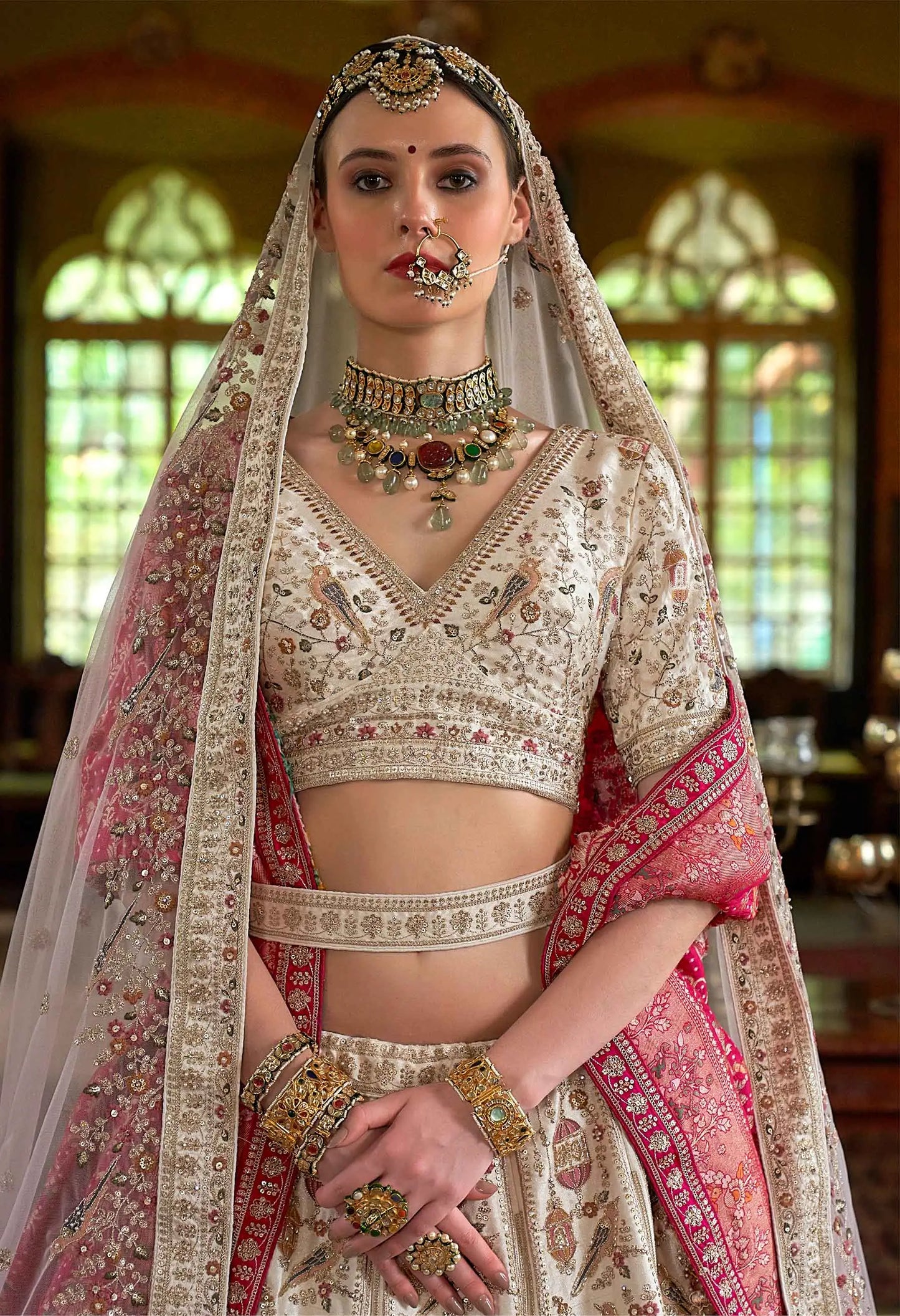 Beige Bridal Lehenga Featuring Rich Embroidery & Pearl
