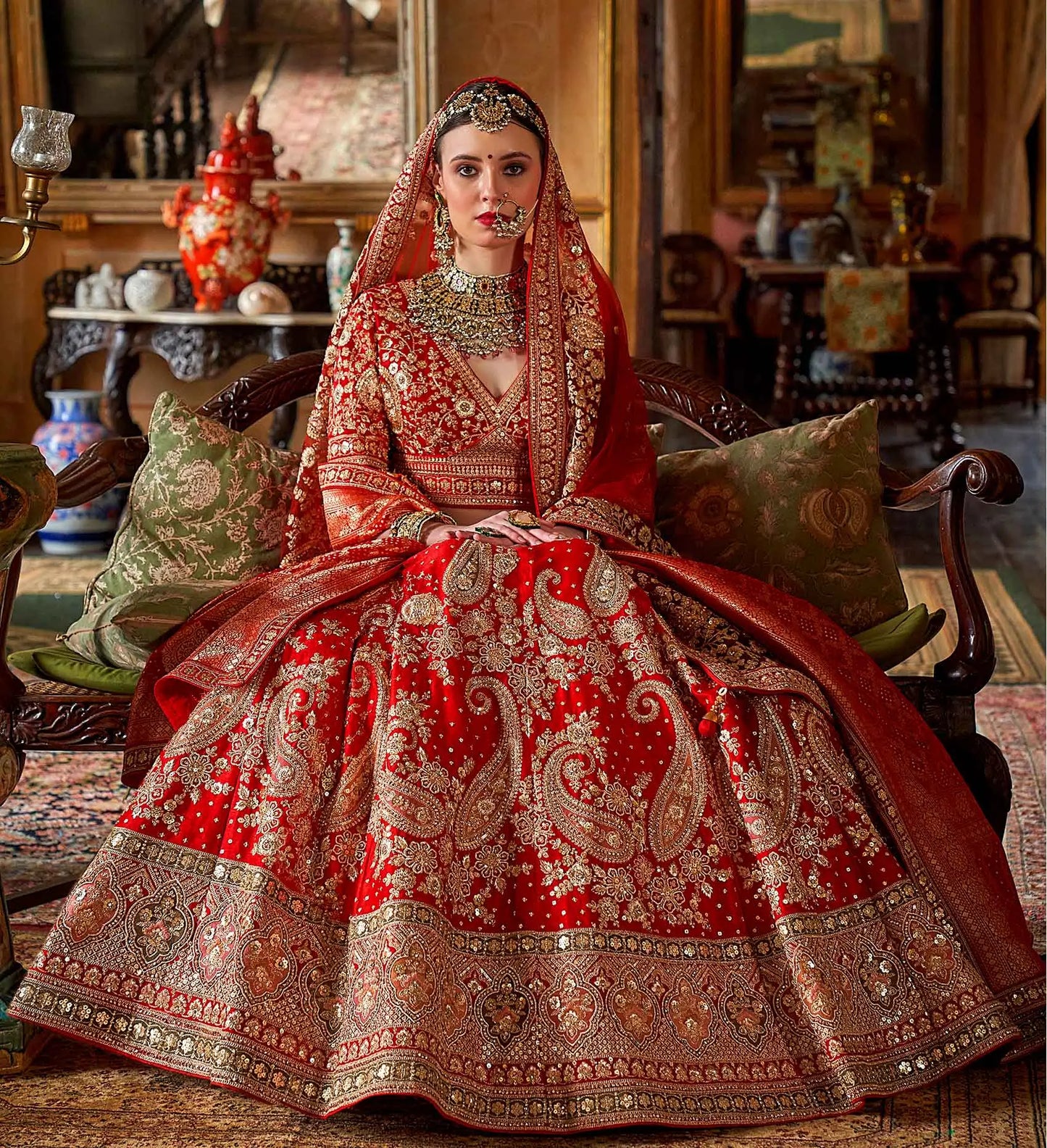 Bridal Red Heavy Embroidery & Pearl Work Lehenga