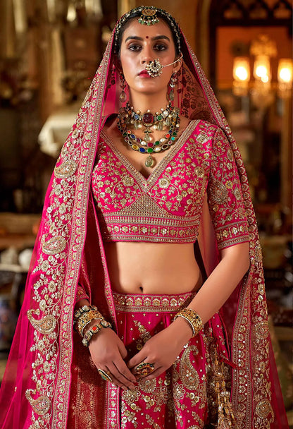 Bridal Pink Heavy Embroidery & Pearl Work Lehenga