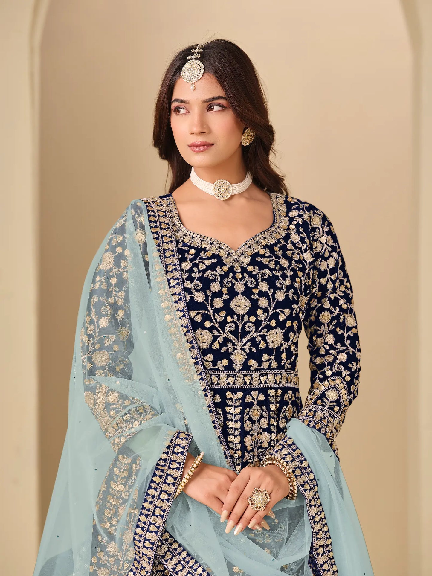 Navy Blue Velvet Heavy Embroidered Gown