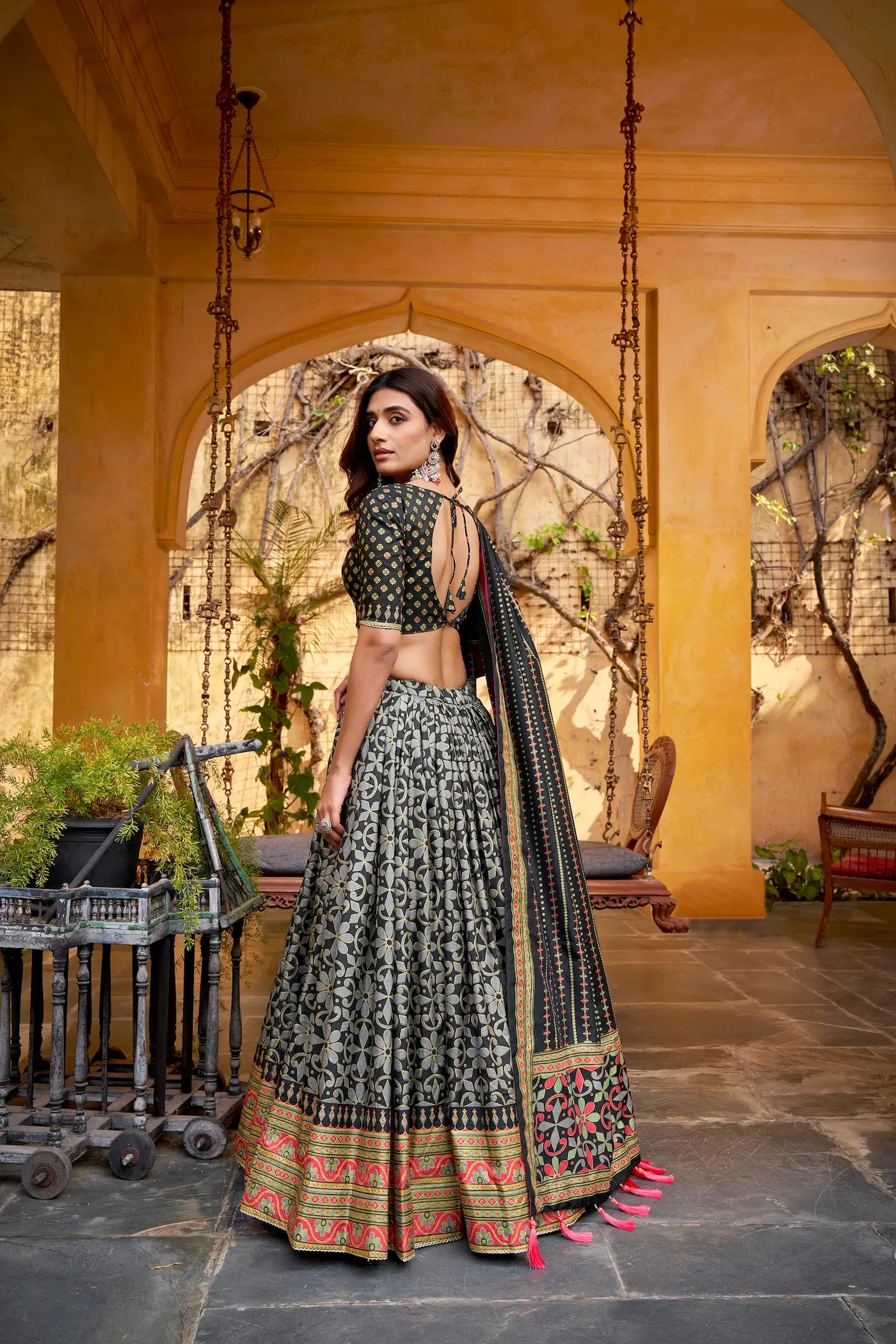 Smoky Black Tasar Silk Lehenga Choli With Saprkle Details