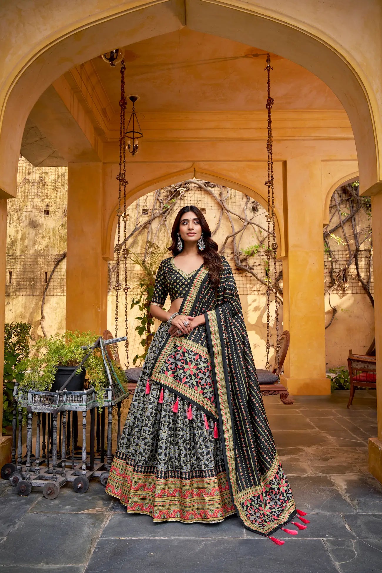 Smoky Black Tasar Silk Lehenga Choli With Saprkle Details