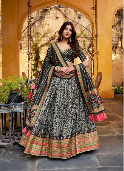Smoky Black Tasar Silk Lehenga Choli With Saprkle Details