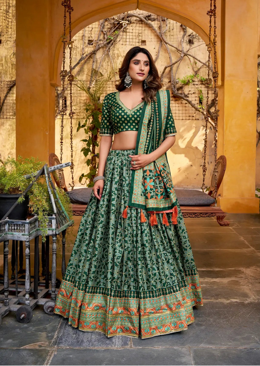 Deep Green Tasar Silk Lehenga Choli With Saprkle Details