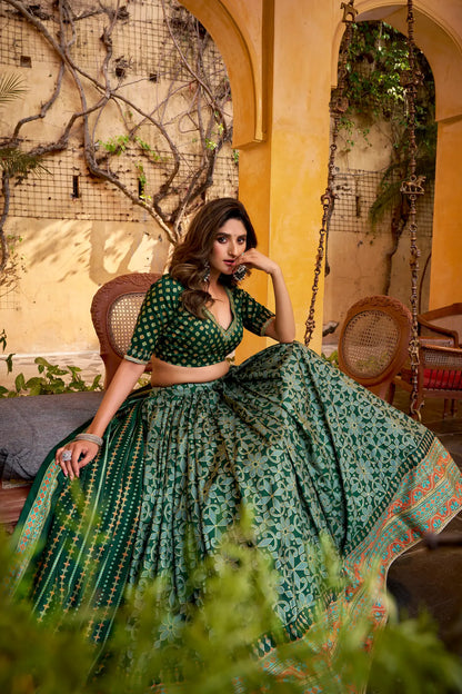 Deep Green Tasar Silk Lehenga Choli With Saprkle Details