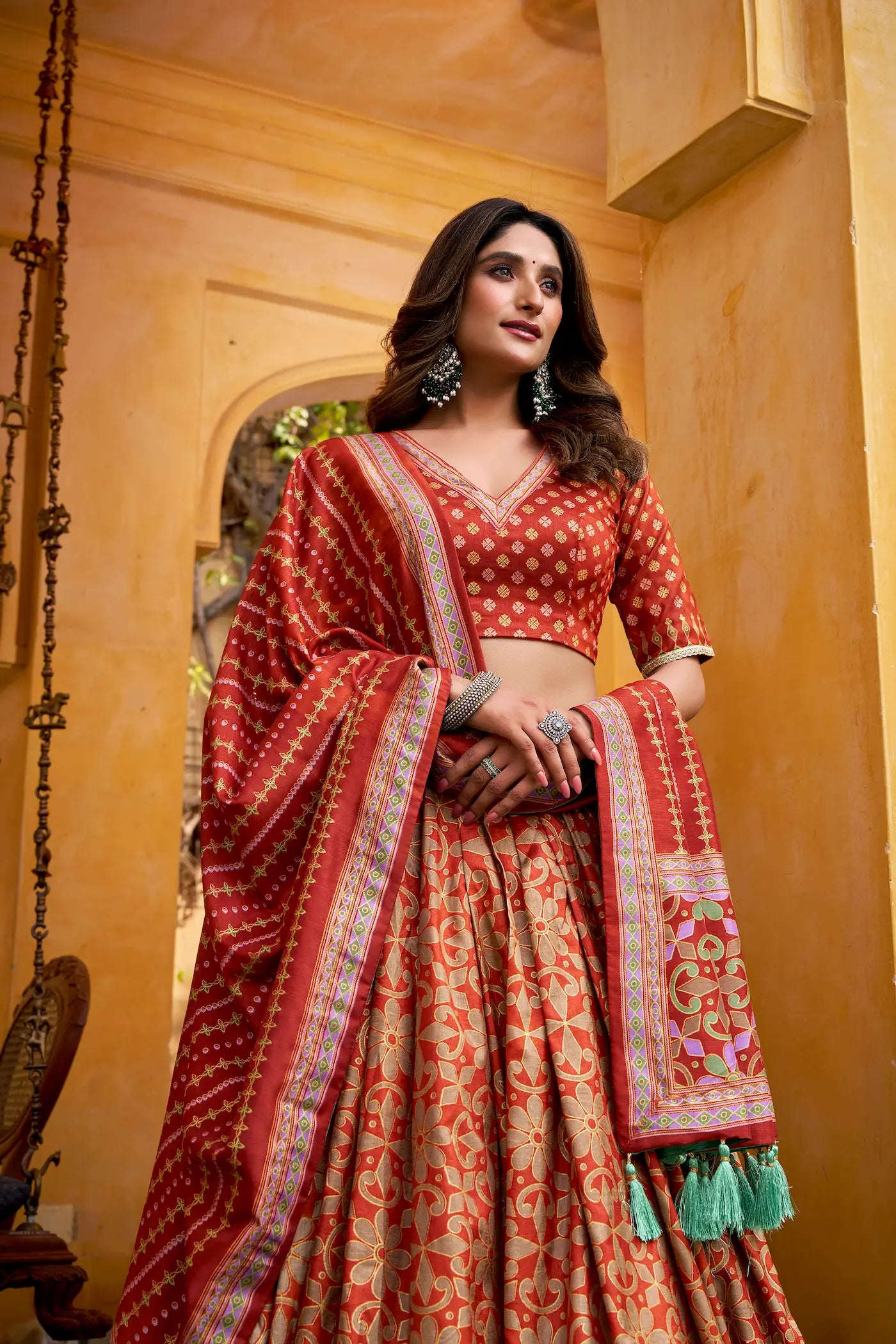 Rust Orange Tasar Silk Lehenga Choli With Saprkle Details