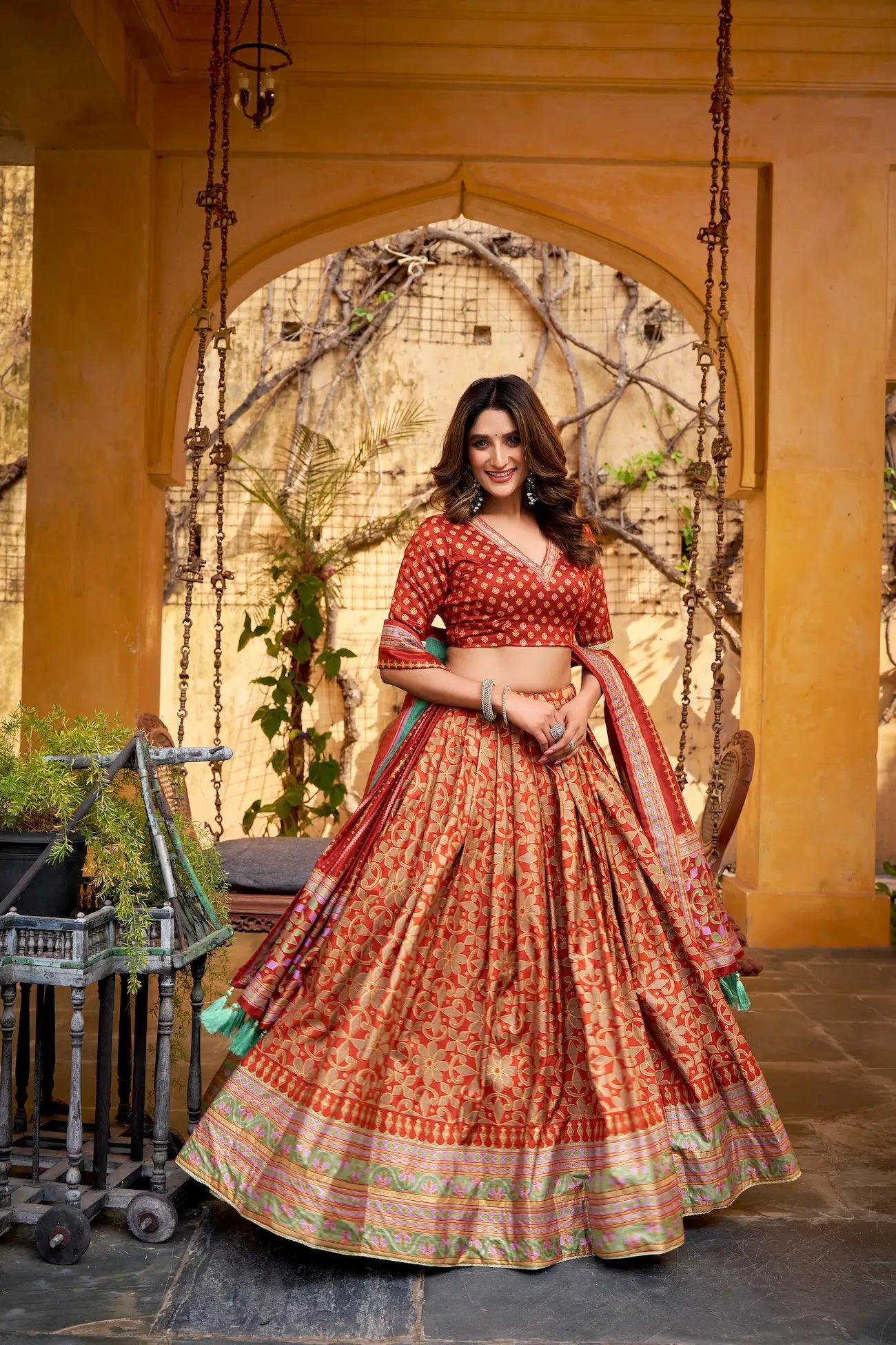 Rust Orange Tasar Silk Lehenga Choli With Saprkle Details