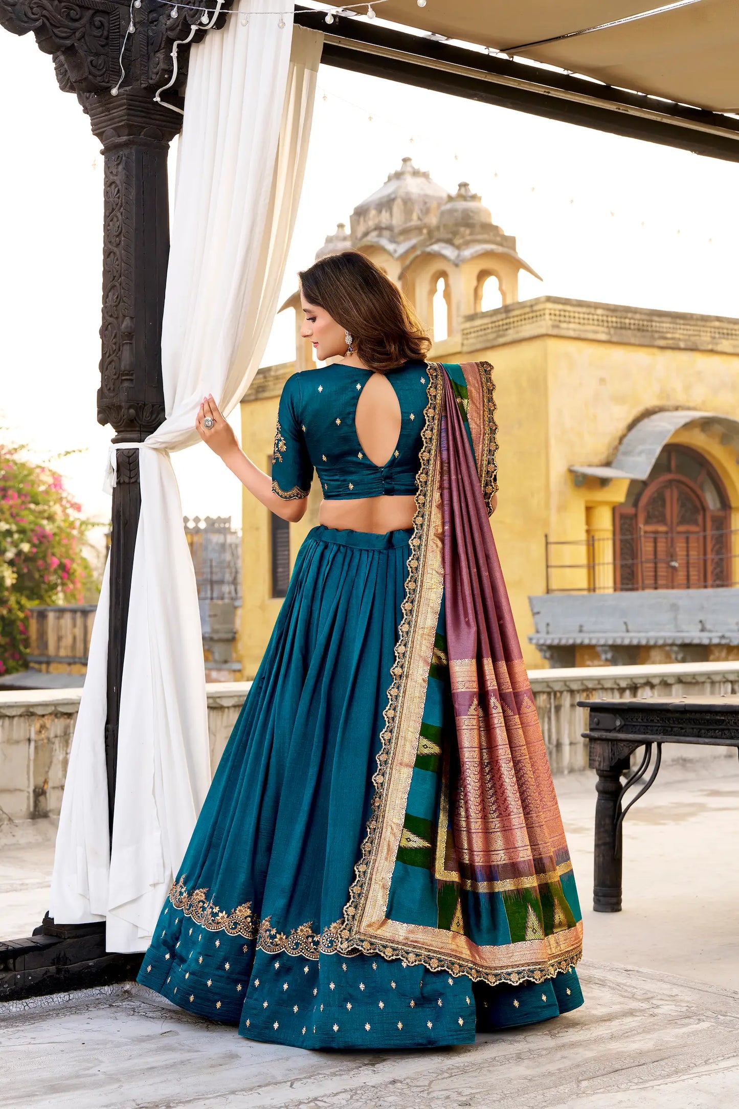 Teal Blue Vichitra Silk Embroidery Lehenga Choli