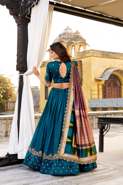 Teal Blue Vichitra Silk Embroidery Lehenga Choli
