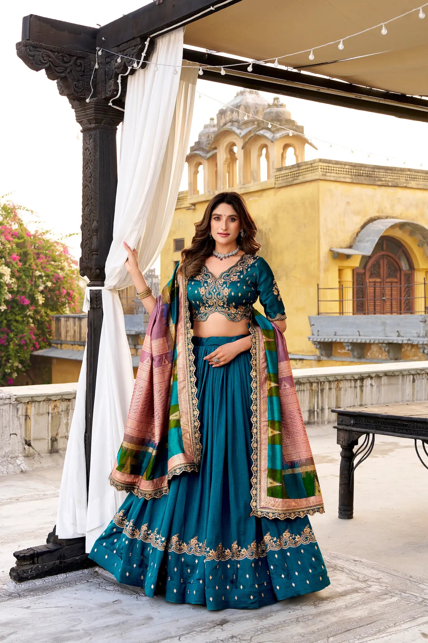 Teal Blue Vichitra Silk Embroidery Lehenga Choli