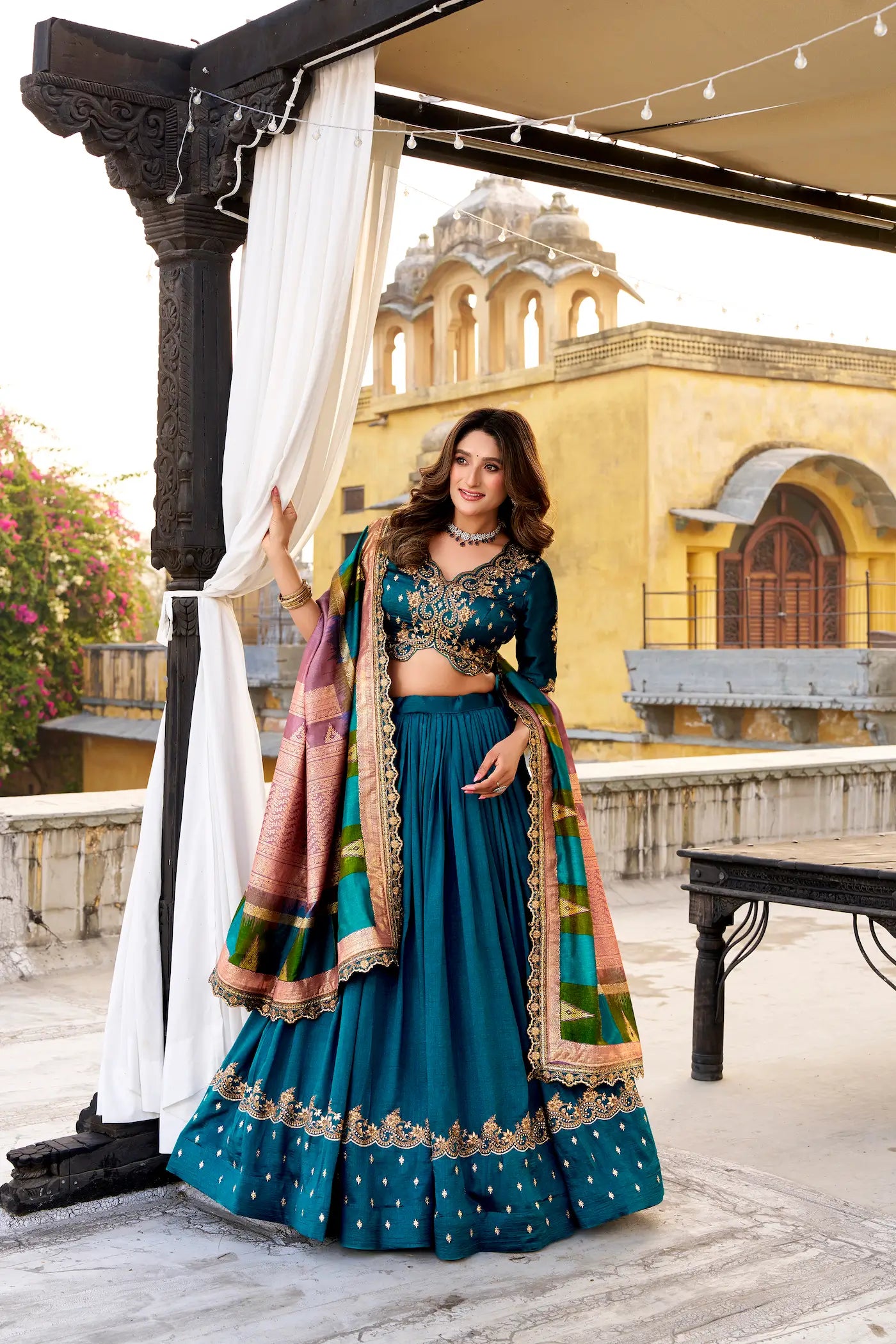 Teal Blue Vichitra Silk Embroidery Lehenga Choli