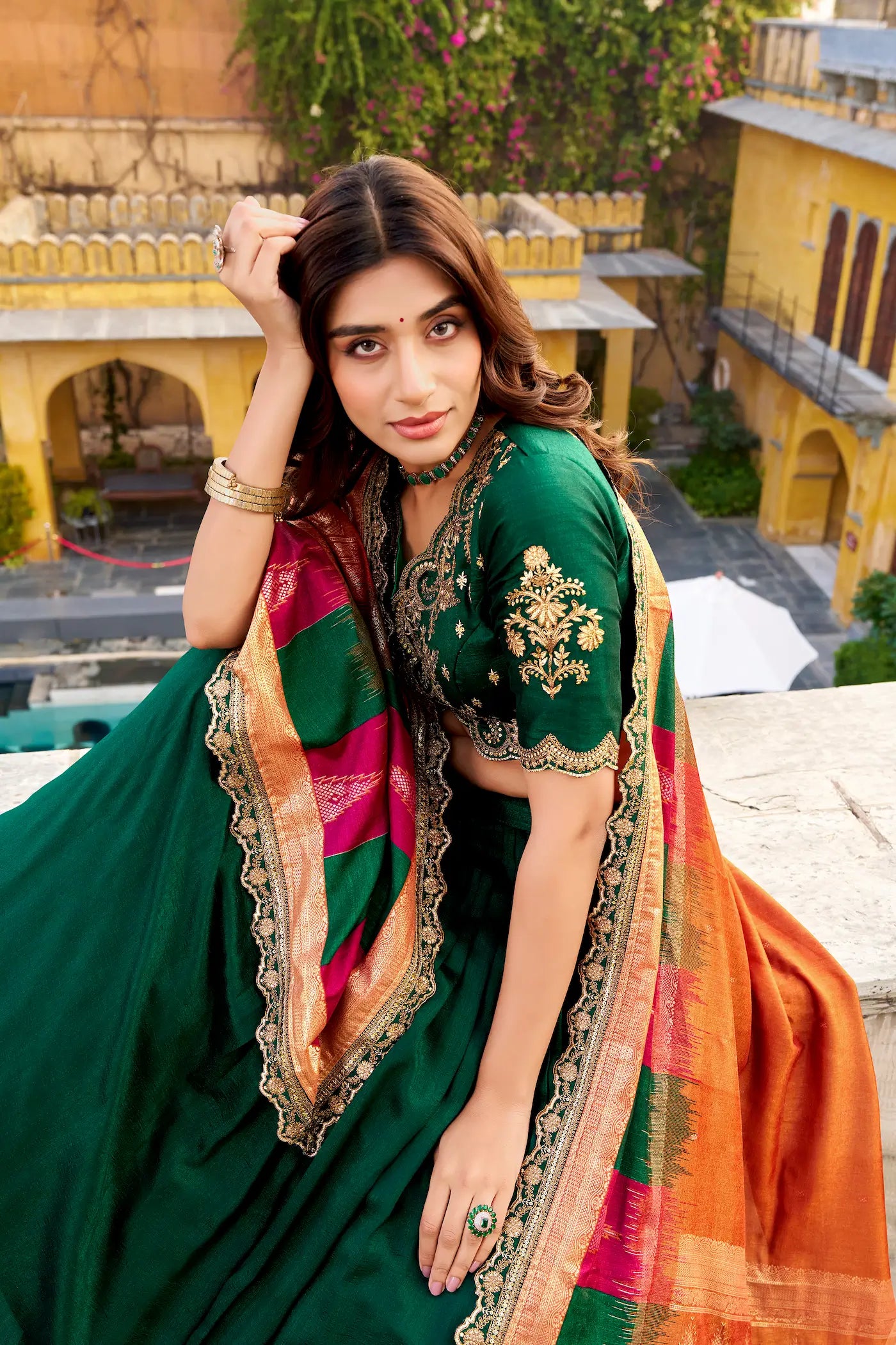 Dark Green Vichitra Silk Embroidery Lehenga Choli