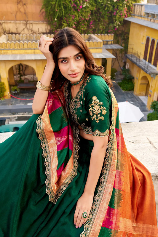 Dark Green Vichitra Silk Embroidery Lehenga Choli