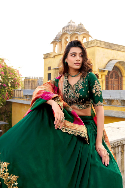 Dark Green Vichitra Silk Embroidery Lehenga Choli