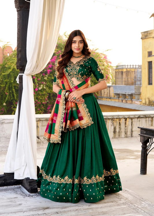 Dark Green Vichitra Silk Embroidery Lehenga Choli