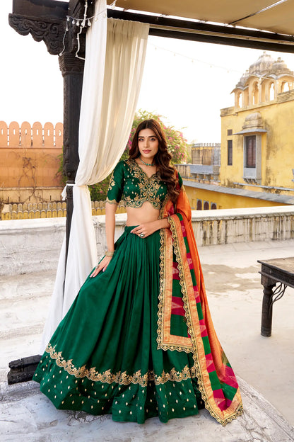 Dark Green Vichitra Silk Embroidery Lehenga Choli
