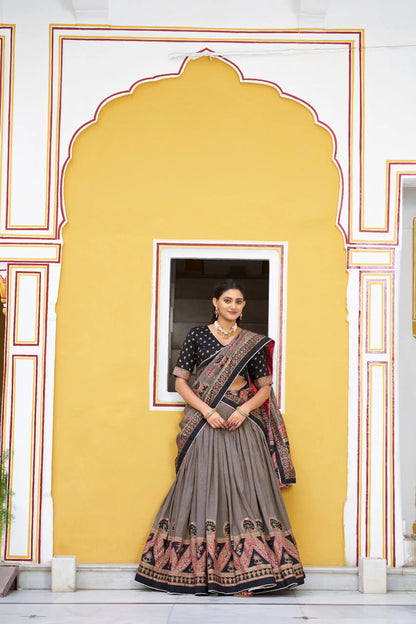 Black Tasar Silk Printed Lehenga Choli