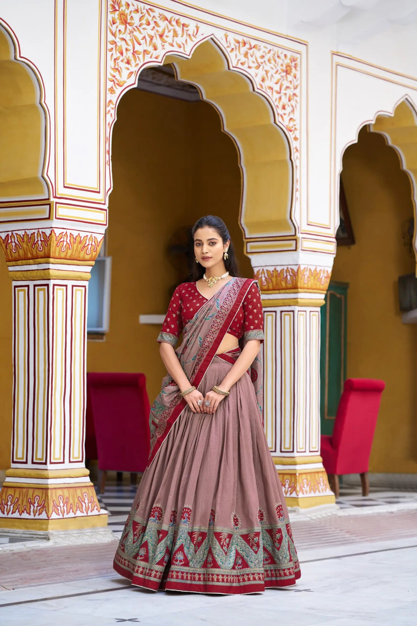 Red Tasar Silk Printed Lehenga Choli