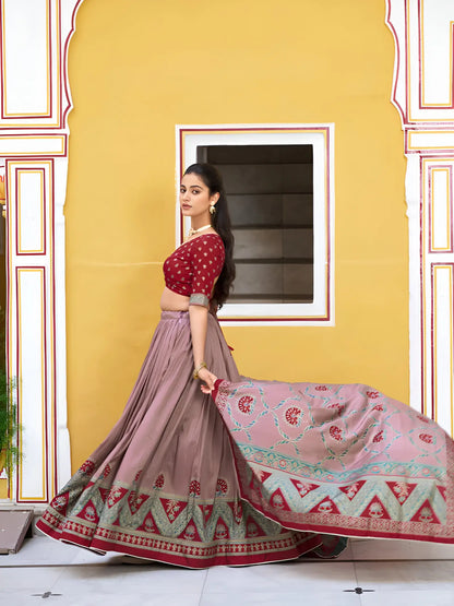 Red Tasar Silk Printed Lehenga Choli