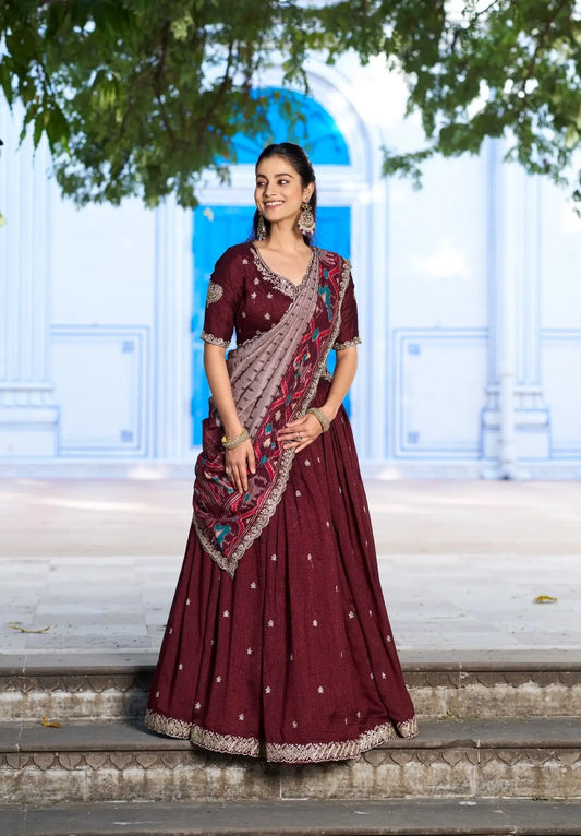 Rich Maroon Embroidery Lehenga Choli