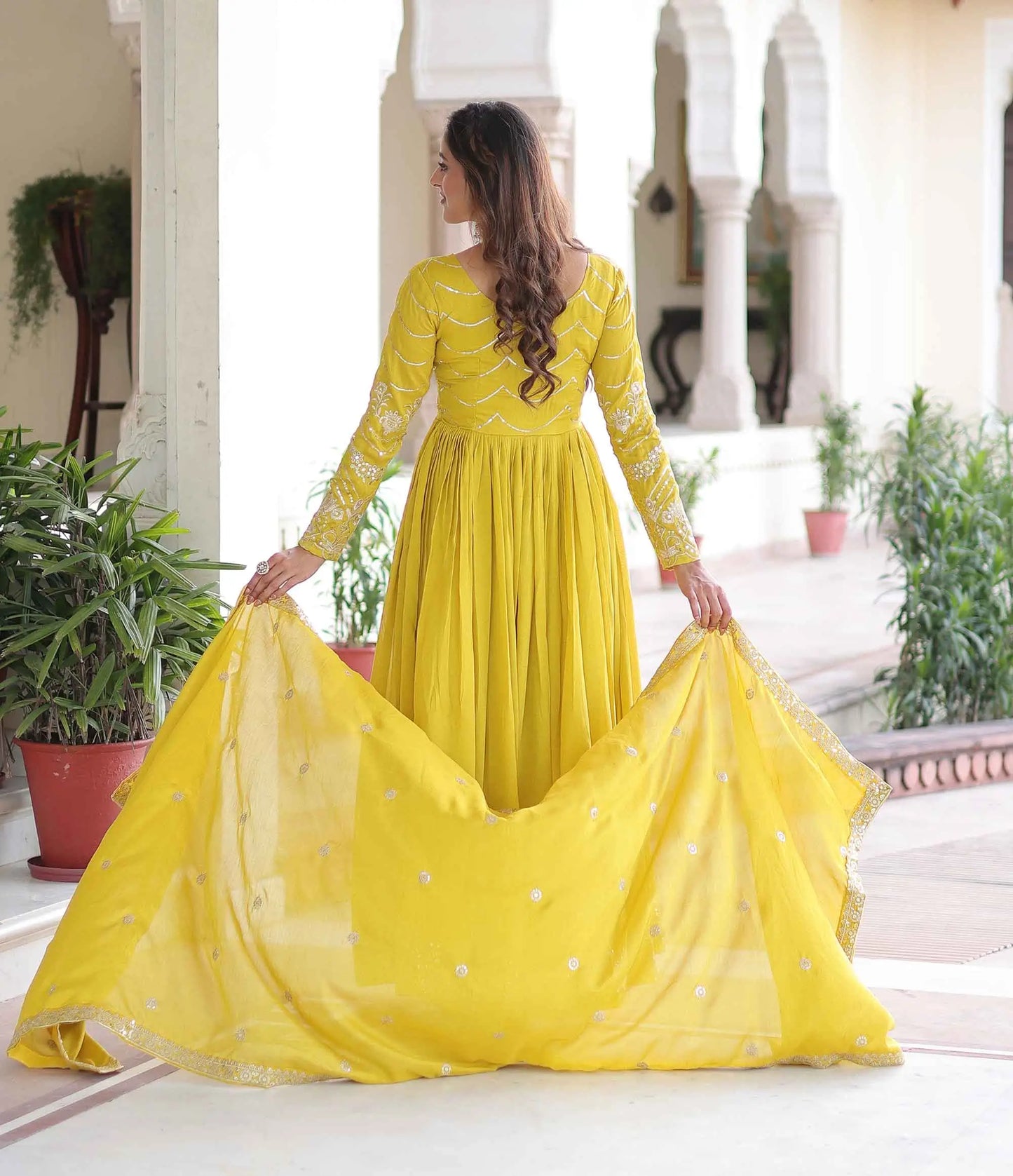 Yellow Sequins Embroidery Work Silk Gown