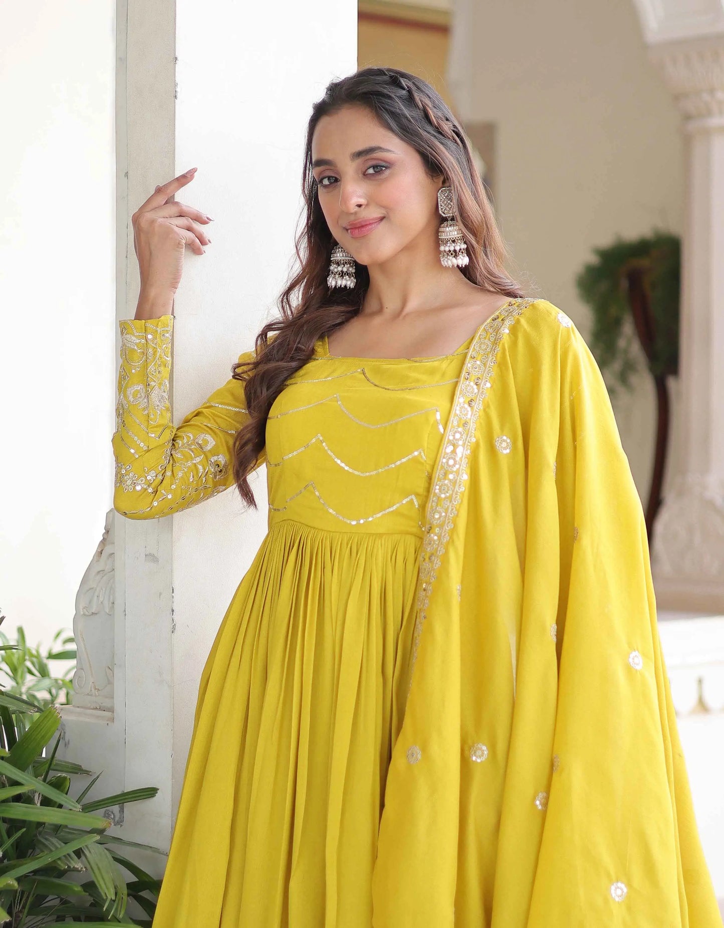 Yellow Sequins Embroidery Work Silk Gown