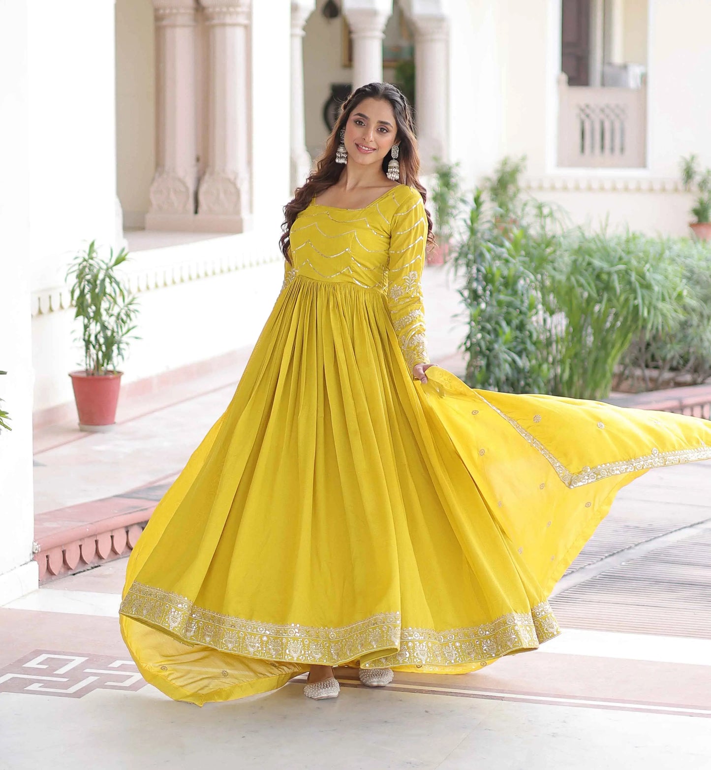 Yellow Sequins Embroidery Work Silk Gown