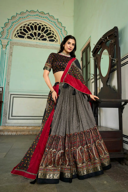 Grey Tussar Silk Lehenga Choli with Kashmiri Print & Foil Work