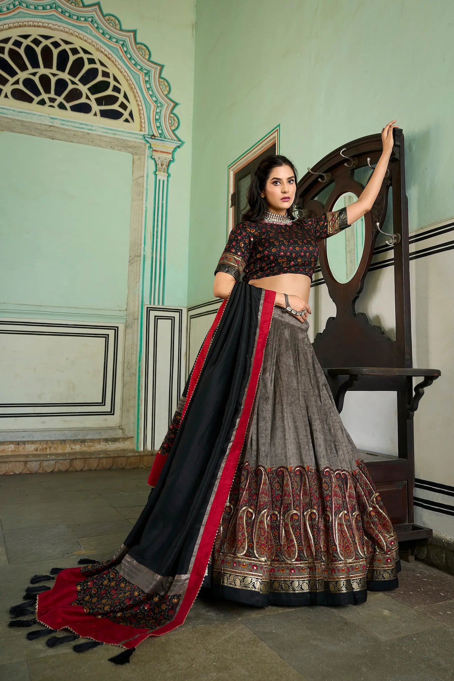 Grey Tussar Silk Lehenga Choli with Kashmiri Print & Foil Work