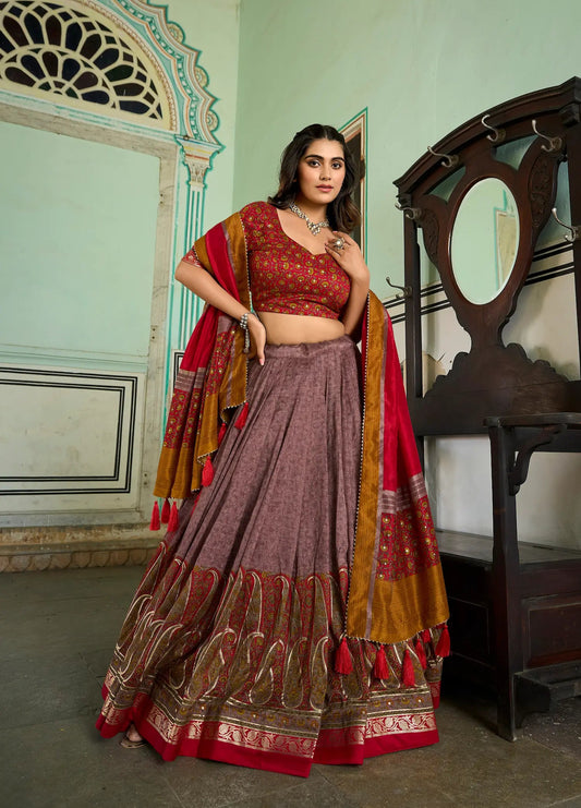 Onion Pink Tussar Silk Lehenga Choli with Kashmiri Print & Foil Work