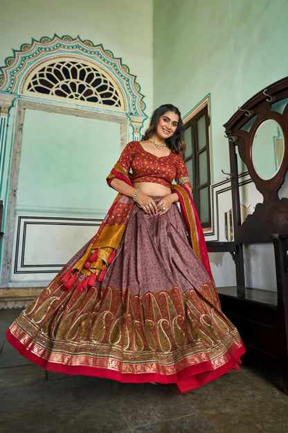 Onion Pink Tussar Silk Lehenga Choli with Kashmiri Print & Foil Work