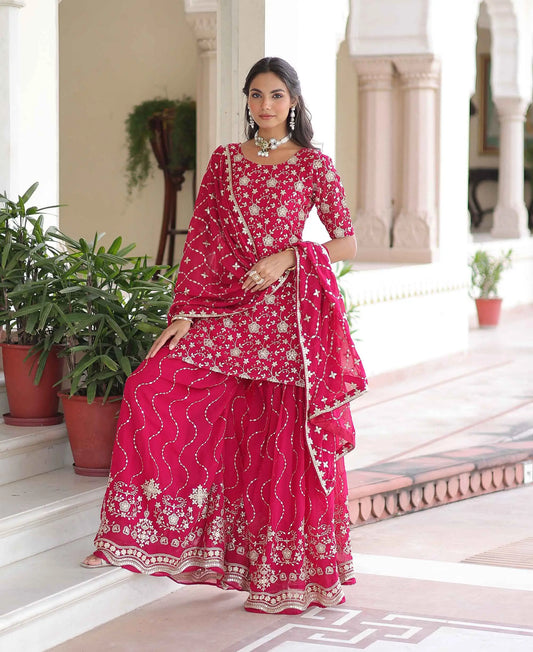 Redish Pink Georgette Embroidery Sharara Suit