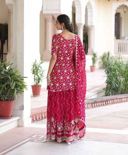 Redish Pink Georgette Embroidery Sharara Suit